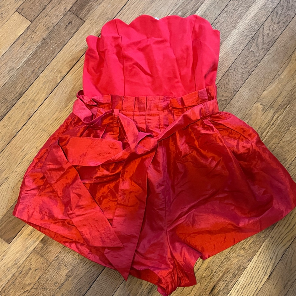 NWT Free People Filmore Romper Red Strapless XL NWT Mixed Media Belted Waist - Picture 2 of 10